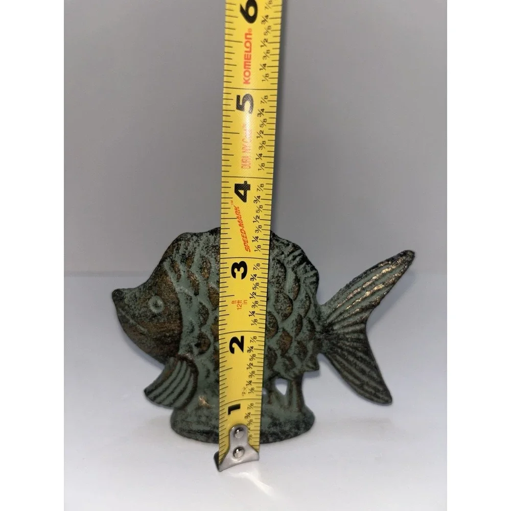 Vintage Solid Cast Iron Fish Figure Paperweight Green Gold Nautical Decor